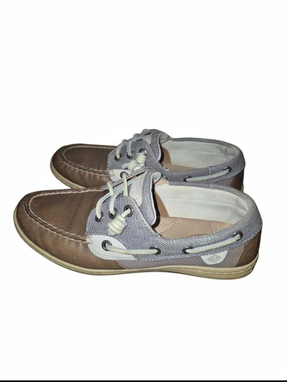 Sperry Songfish Light Brown Leather Boat Shoes With Grey Canvas Trim 6.5 M US